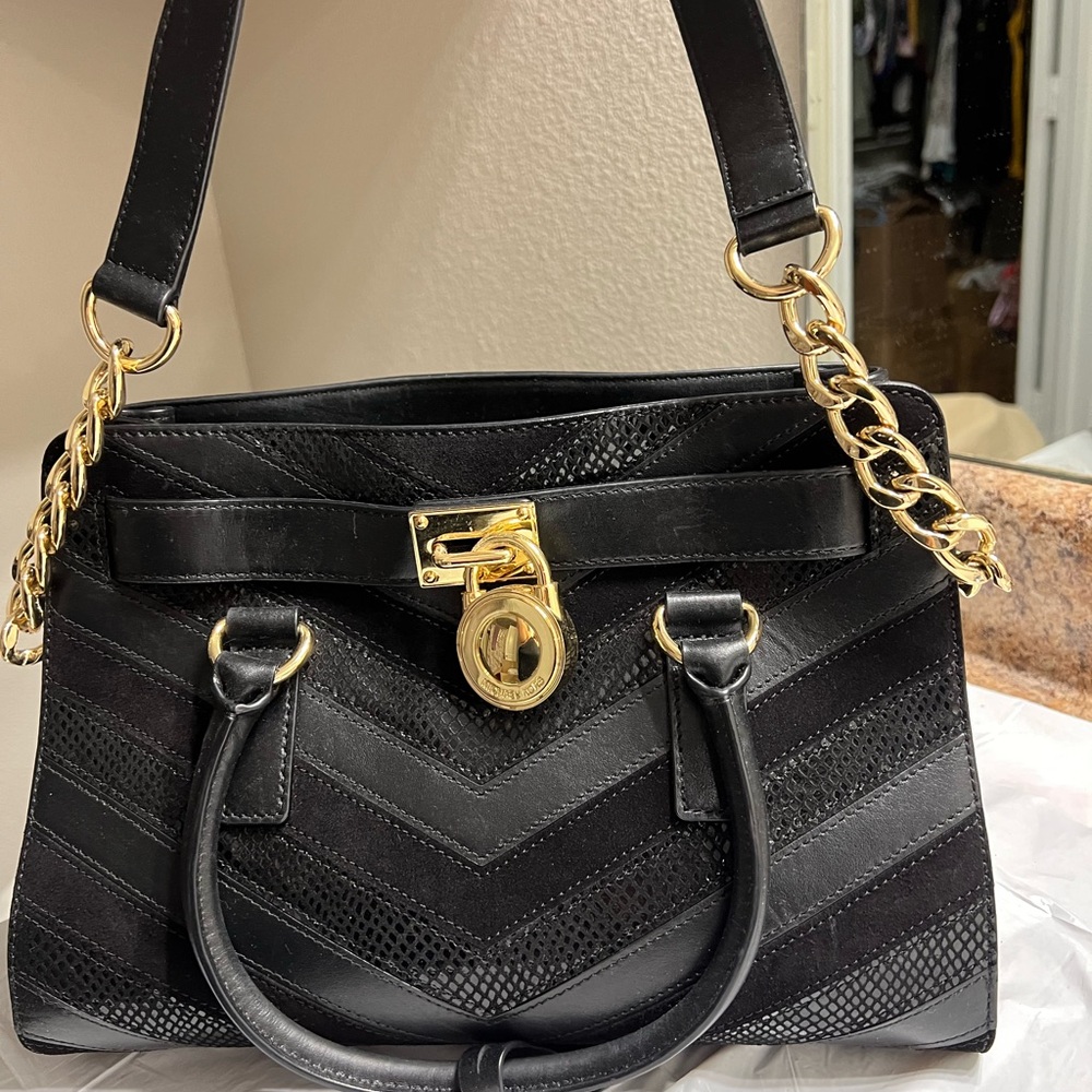Michael Kors Black and Gold Satchel with Chevron Pattern